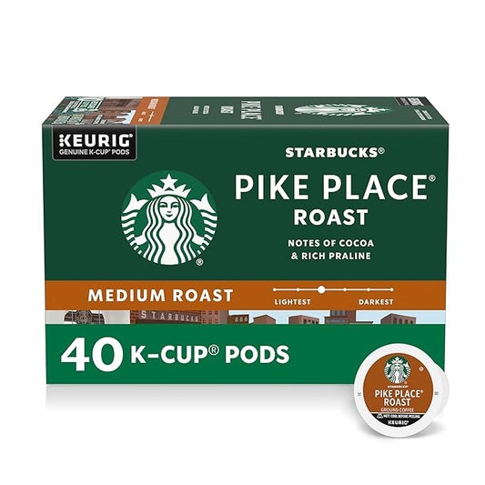 Starbucks K-Cup Coffee Pods, Medium Roast Hot or Iced Coffee, Pike Place Roast, 40 Keurig Pods