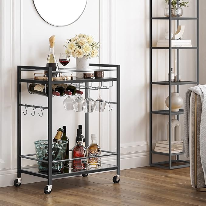 TUTOTAK Bar Cart, Serving Cart - for Home, Microwave Cart, Drink Cart, Mobile Kitchen Shelf with Wine Rack and Glass Holder, Rolling Beverage Cart, Black BC01BK031
