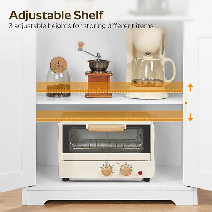 Coffee Bar Cabinet, Kitchen Island with Storage, Farmhouse Sideboard Buffet Cabinet with Dual-Purpose Floating Shelf and Hooks, for Kitchen Living Room, White and Natural KF22WN