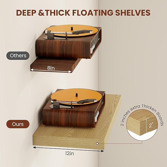 Vivelove 12 Inch Deep Floating Shelves 55 inch Long, 2 Inch Thick Wall Shelves with Invisible Brackets, Shelf for Bedroom Bathroom Living Room Kitchen Office Home Decor, Modern Shelf Set of 2, Oak