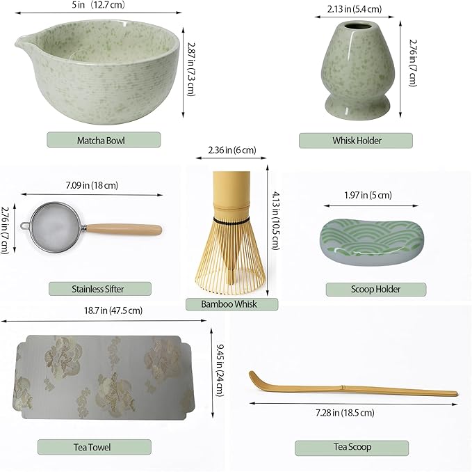 7-Piece Matcha Set - Complete Japanese Tea Ceremony Kit with Ceramic Bowl (Chawan), Bamboo Whisk (Chasen) & Holder, Scoop, Sifter & Cotton Towel - Perfect Matcha Starter Kit