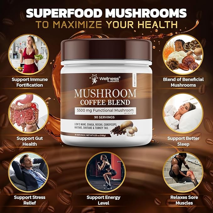 Mushroom Coffee, 90 Servings Organic Mushrooms Instant Coffea, Great Tasting Colombian Keto Coffee, 7 Superfood Mishrooms Lions Mane, Chaga, Reishi, Cordyceps, Maitake, Shiitake, and Turkey Tail - Pack of 2