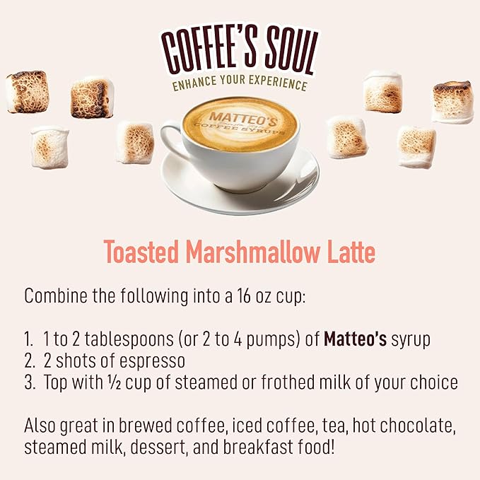 Matteo's Toasted Marshmallow Syrup for Coffee, Lattes, Cappuccinos & Desserts – Sugar-Free Sweetener for Beverages, Keto Friendly, Zero Calories, Indulgent Flavor, Non-Alcoholic, 33.8oz (6pk)