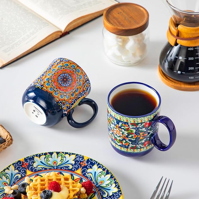 vancasso Boho Coffee Mugs Set of 6, 14 oz Ceramic Mugs with Handle, Colorful Porcelain Cups Microwave Dishwasher Safe, for Latte Tea Cappuccino Cocoa Hot Chocolate