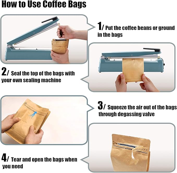 Natural Kraft Coffee Pouches, Resealable Coffee Bag with Valve, Flat Bottom Pull Tab Zipper (500pcs, 12oz, 0.75lb,340g)