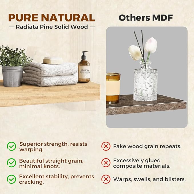 Floating Wall Shelves 30x6.8x1.7 Inch – Solid Wood Rustic Shelves in Natural Wood Finish – Wall Mounted Heavy Duty Display Shelf for Kitchen, Bedroom, Living Room – Set of 2