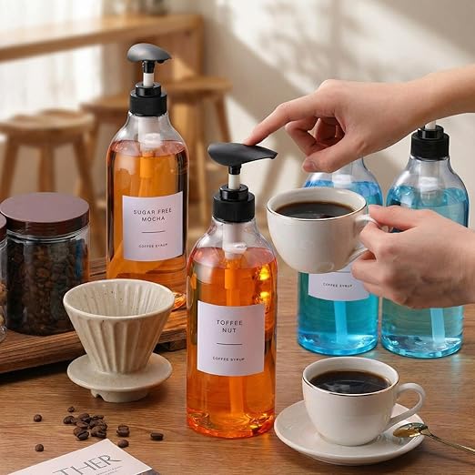 9 Pcs Coffee Syrup Dispenser Set 25 oz Plastic Coffee Syrup Dispenser Pump Bottle 16.9 oz Pet Jar with Lids Gold Spoon and Labels for Home Bar Organization