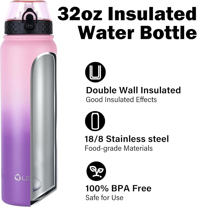 OLDLEY Insulated Water Bottle 32oz Water Bottles with Straw, Stainless Steel Water Bottle with 3 Lids, Double Wall Vacuum Bottles for Adult Kids, Sports Bottles for School Travel,Ombre Pink-Purple