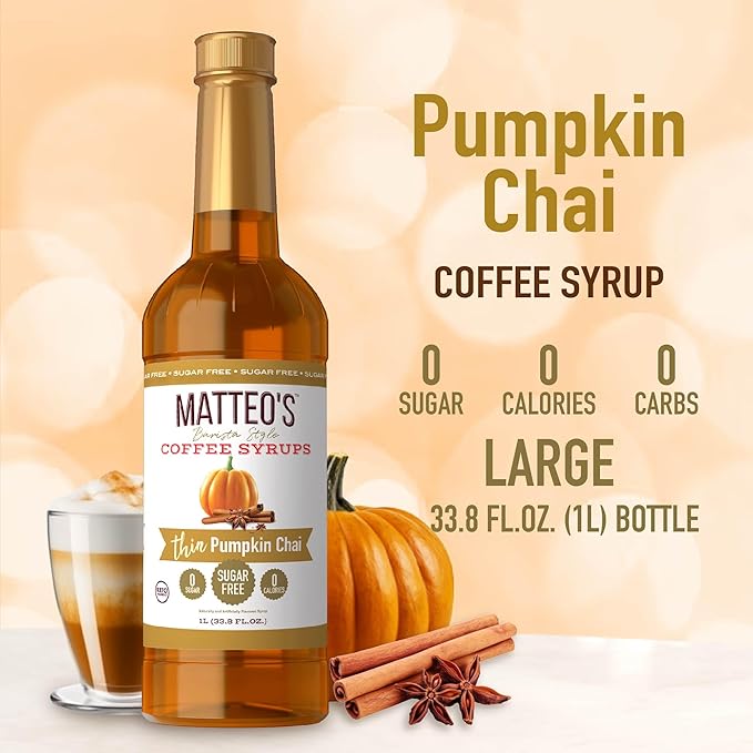 Matteo's Pumpkin Chai Syrup for Coffee, Lattes, Cappuccinos & Desserts – Sugar-Free Sweetener for Beverages, Keto Friendly, Zero Calories, Indulgent Flavor, Non-Alcoholic, 33.8oz (1pk)