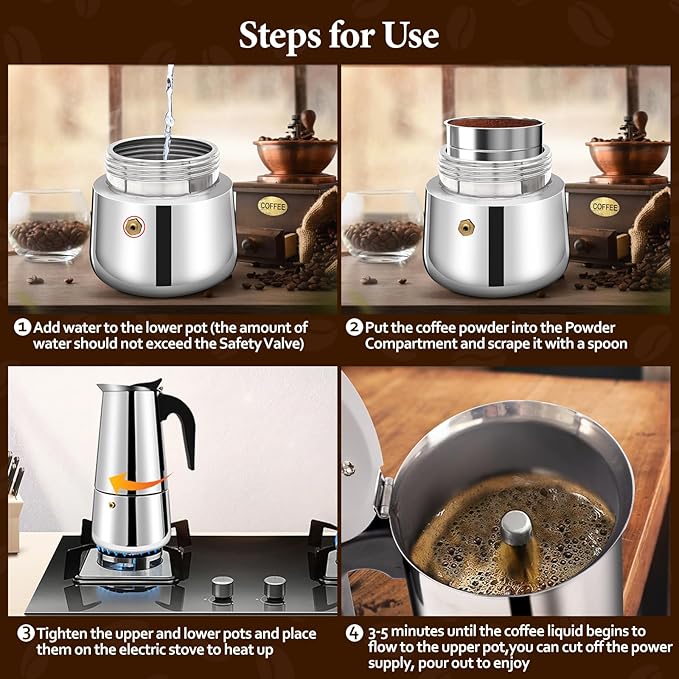 2 Cup Moka Pot Percolator Italian Coffee Maker 100ml Stovetop Espresso Mocha Stainless Steel Greca Coffee Maker Classic Cafe Makers Suitable for Induction Cookers Ceramic Stoves Straight