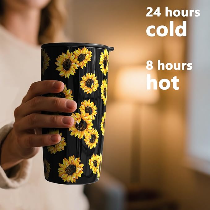 TILUCK 20 oz Tumbler with Lid, Vacuum Insulated Stainless Steel Coffee Mug, Double-Walled Travel Tumbler for Hot and Cold Drinks(SunFlower, 20oz)