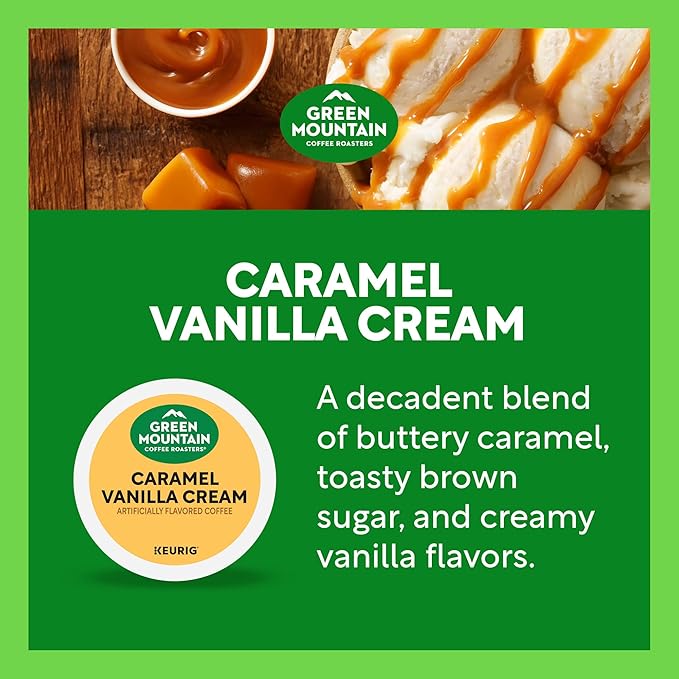 Green Mountain Coffee Roasters Caramel Vanilla Cream, Single-Serve Keurig K-Cup Pods, Flavored Light Roast Coffee Pods, 32 Count