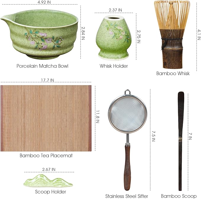 7-Piece Matcha Set with Ceramic Matcha Bowl, Bamboo Whisk (Chasen) & Holder, Sifter, Tea Scoop & Rest, Special Bamboo Tea Mat - Perfect Matcha Kit for Matcha Lovers & Gift Giving, Green