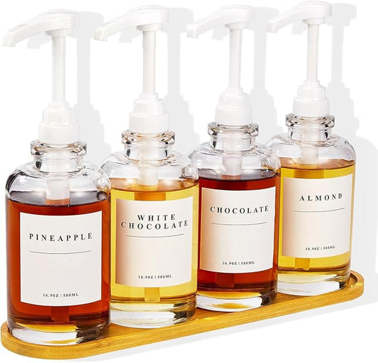 Coffee Syrup Dispenser for Coffee Bar, Coffee Syrup Pump Dispenser, Glass Syrup Bottle with White Upgraded Pump, 4 Pack 16.9 oz 500 ml Syrup Dispensers, 28 Labels and Bamboo Tray