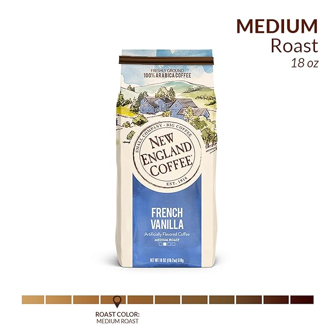 New England Coffee French Vanilla Medium Roast Ground Coffee, 18oz Bag (Pack of 4)