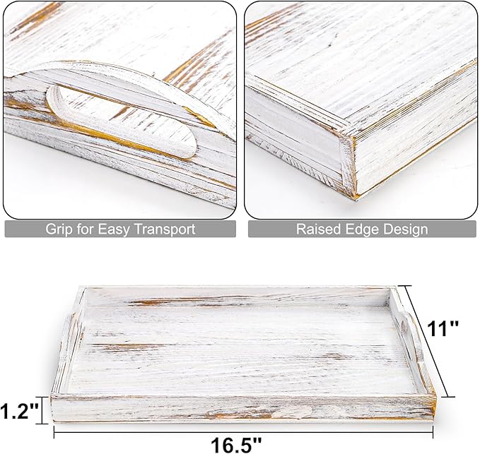 DEAYOU 2 Pack Wood Serving Tray, 16.5" Ottoman Wooden Trays for Coffee Table, Farmhouse Vintage Decorative Tray Platter with Cutout Handle for Eating, Breakfast, Rectangle, 16.5" L x 11" W