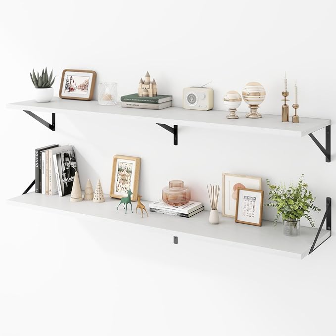 Deep Floating Shelves Wall Mounted, 55"x12" White Wall Shelves with Brackets Set of 2 for Bedroom, Living Room, Bathroom, Kitchen, Office - Storage & Display Shelf for Decor, Books, Plants