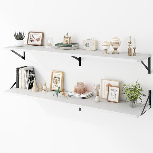 Deep Floating Shelves Wall Mounted, 55"x12" White Wall Shelves with Brackets Set of 2 for Bedroom, Living Room, Bathroom, Kitchen, Office - Storage & Display Shelf for Decor, Books, Plants