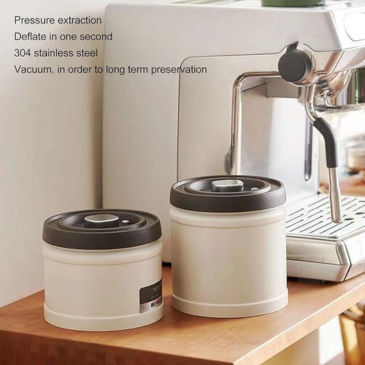 Vacuum Kitchen Seal Canister, Stainless Steel Pressed Airtight Food Storage Container, Flour/Coffee/Beans Tea/Grains/Sugar/Biscuits Metal Food Storage Canister, Tea Canisters(750ML Beige)