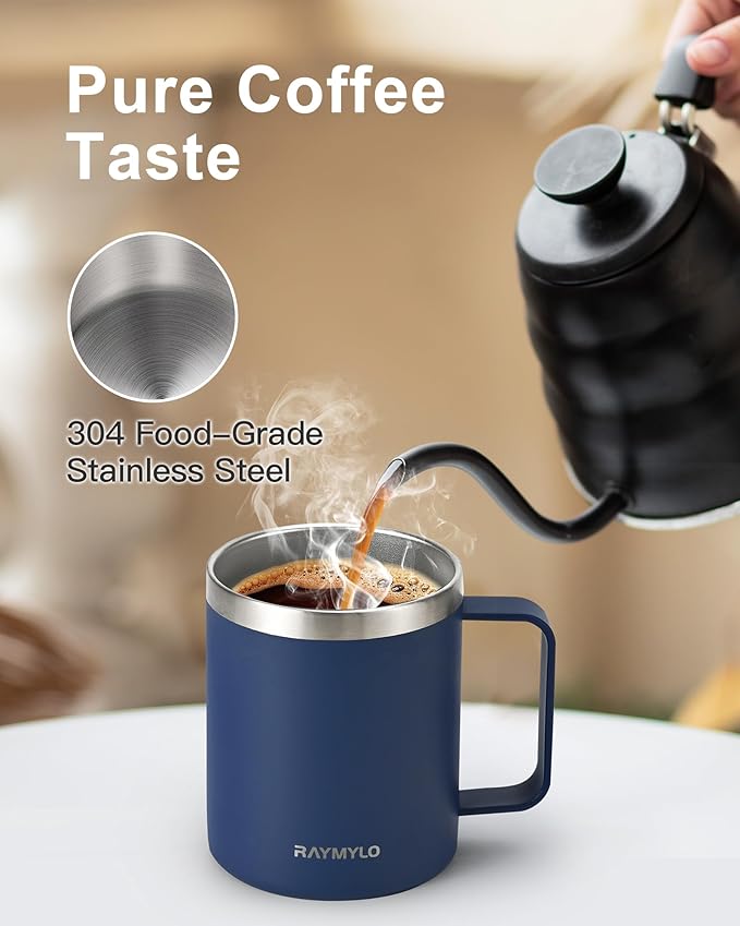 Insulated Coffee Mug 12 oz, Double Wall Stainless Steel Coffee Mug with Lids, Leak-Proof & Detachable Slider Lid for Thorough Clean, Keeps Coffee Cold for 9 Hrs, Suitable for Camp Home Office