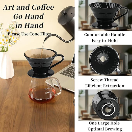 Mongdio Ceramic Pour Over Coffee Dripper, Reusable Porcelain Portable Pour Over Coffee Maker, Slow Brewing Accessories with 1 Holes for Home - Size 01 Black