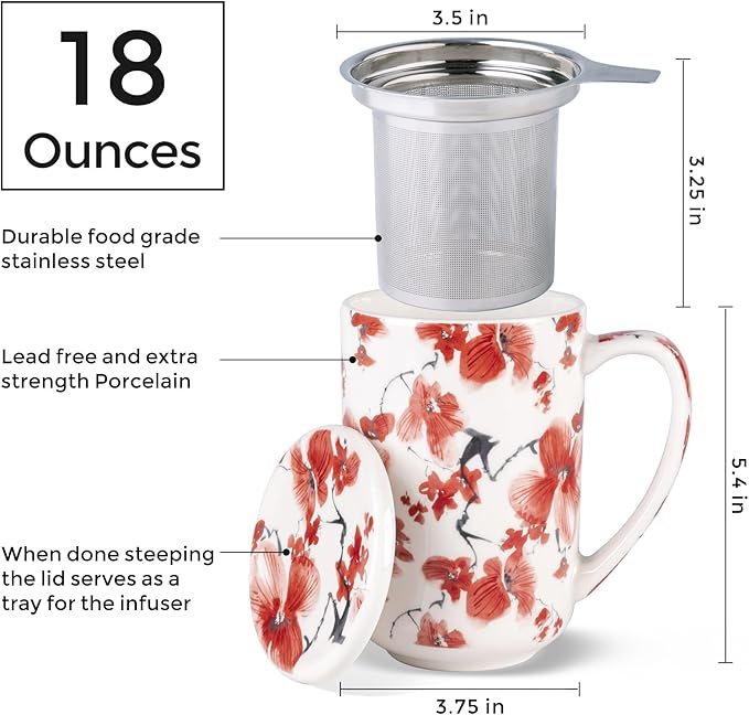 AmorArc Porcelain Tea Mug with Infuser and Lids, 18 Oz Coffee Cup Strainer with Bag Holder for Loose Leaf Tea, Steeping Coffee Mug for House-warming Wedding Birthday Gift