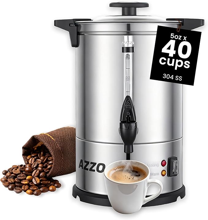 AZZO KITCHEN Commercial Coffee Maker 40-Cup Large Coffee Urn with Percolator Coffee Pot Electric 6L Stainless Steel Fast Brew Hot Water Dispenser for Tea Catering Events Home Office Easy Cleaning