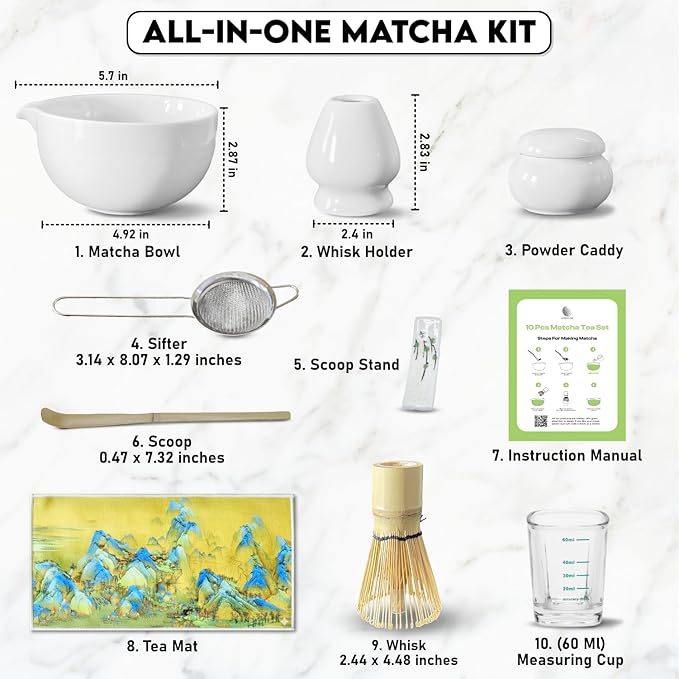 10-Piece Matcha Whisk Set | Complete Matcha Tea Kit with 17oz Ceramic Bowl, Bamboo Whisk & Scoop, Whisk Holder, Stainless Steel Sifter, Measuring Cup, Powder Caddy, Tea Towel | Gift-Ready Matcha Set