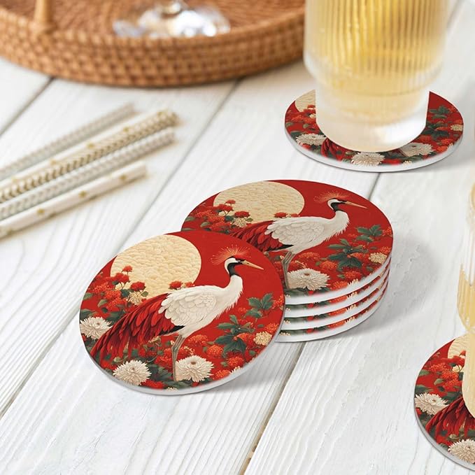 Crane Bird Flower Painting Coasters for Drinks Absorbent Round Ceramic Coasters Set of 4 Non-Slip Cup Coaster with Cork Base for Coffee Table Drink Home Decor Tabletop Protection