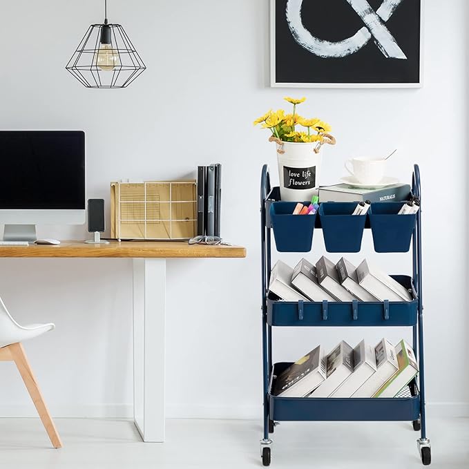 danpinera 3-Tier Rolling Cart, Utility Cart Mobile Metal Rolling Storage Cart with Lockable Wheels & Hanging Cups & Hooks for Kitchen, Bathroom, Office, Workshop, Dark Blue