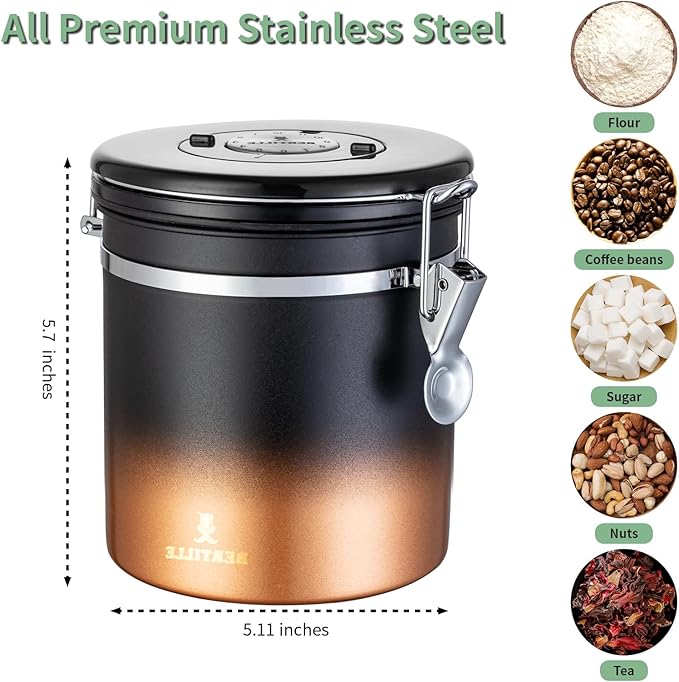 BERTILLE Stainless Steel Coffee Canister,16 oz Kitchen Food Storage Container with Date-Tracker, CO2-Release Valve and Measuring Scoop for Grounds Coffee, Beans, Tea, Cereal, Sugar（Medium,Golden）