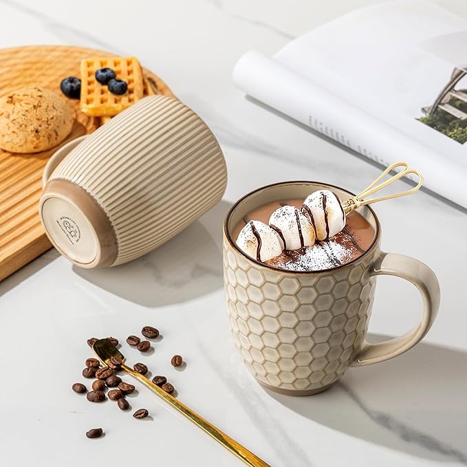 GBhome Large Coffee Mugs Set of 4, 16oz Handmade Embossed Coffee Mugs Set with Large Handle for Cappuccino/Latte/Tea/Hot Cocoa, Dishwasher & Microwave Safe, Khaki
