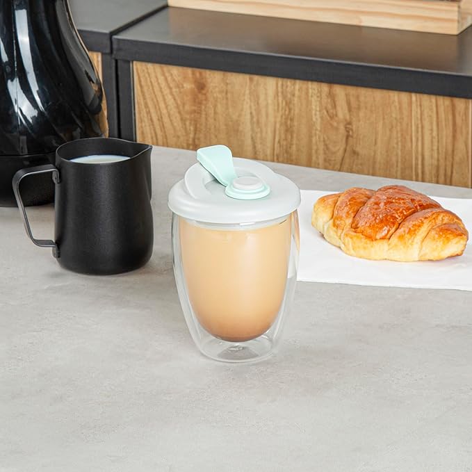 Restaurantware Glass Travel Mug 1 Count 12 Ounce Double Wall Borosilicate Reusable Coffee Cup, Spill-Resistant Gray and Green Silicone Lid, Clear Drinkware Mug for Hot and Cold Beverages