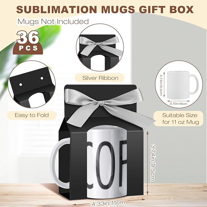 Kosiz 36 Pcs Mug Boxes Sublimation Coffee Mugs Gift Bags with Window Packaging Storage Box for Shipping Selling Wedding Valentines Gift Packaging Wrapping (for 11oz Mug,Black,Silver)