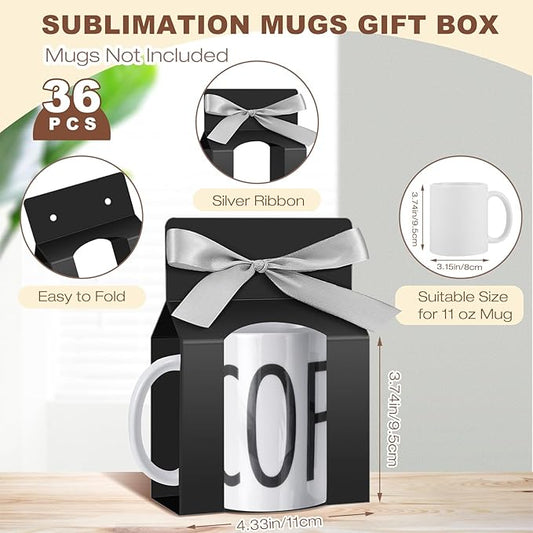 Kosiz 36 Pcs Mug Boxes Sublimation Coffee Mugs Gift Bags with Window Packaging Storage Box for Shipping Selling Wedding Valentines Gift Packaging Wrapping (for 11oz Mug,Black,Silver)