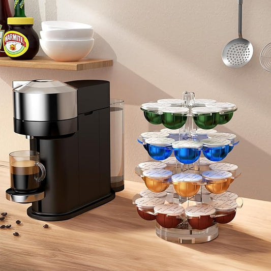 Coffee Pods Holder Acrylic Carousel Stand Compatible with 28 Nespresso Vertuo Capsules And Dolce Gusto Capsules Storage Organizer for Small Countertop
