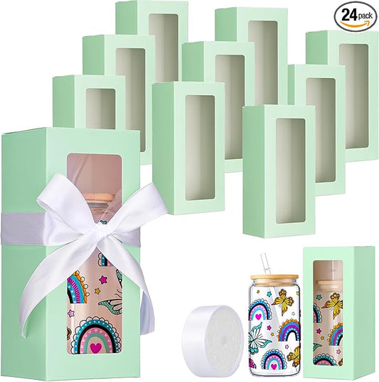 Honoson 24 Pcs Tumbler Gift Box with Ribbon for Sublimation Glass Exhibition Boxes Transparent for 12oz 16oz 20oz Drinking Cup Glasses Jars Mug Can Blanks(Mint Green)
