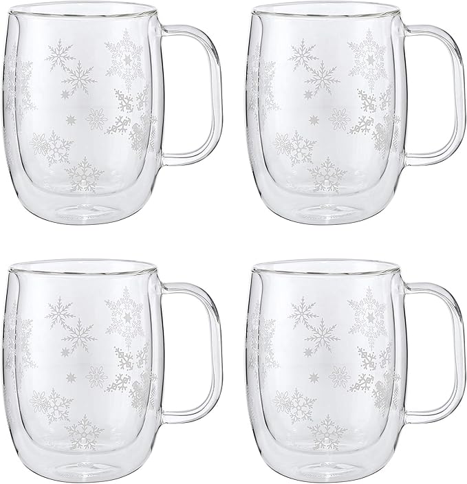 ZWILLING Sorrento Double Wall Glass Snowflake Coffee Mugs, Set of 4, 12oz. Each