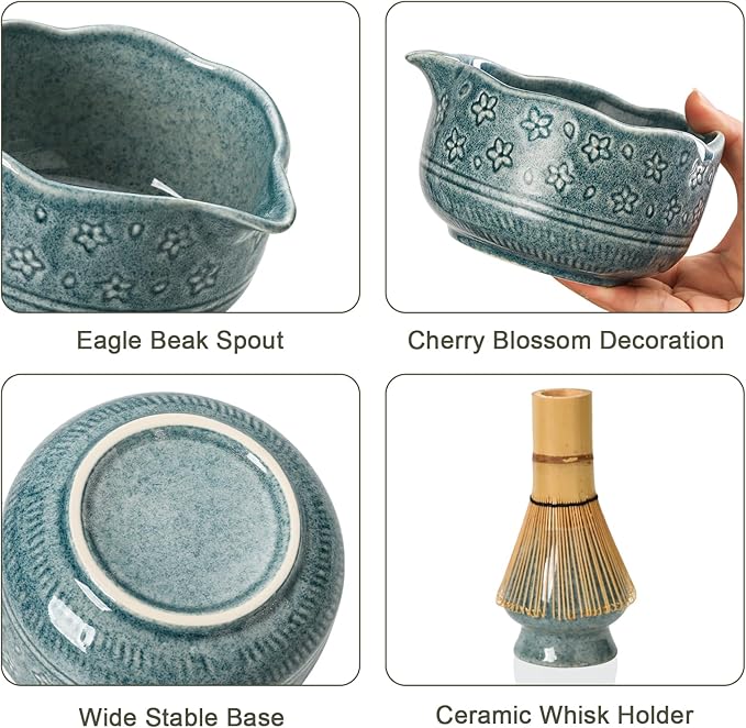 Matcha Whisk Set, 7 Pcs Matcha Kit Includes Ceramic Blue Matcha Bowl, Whisk and Holder, Bamboo Scoop, Scoop Stand, Sifter, and Tea Towel - Traditional Tea Ceremony Accessory Set for Matcha Lovers