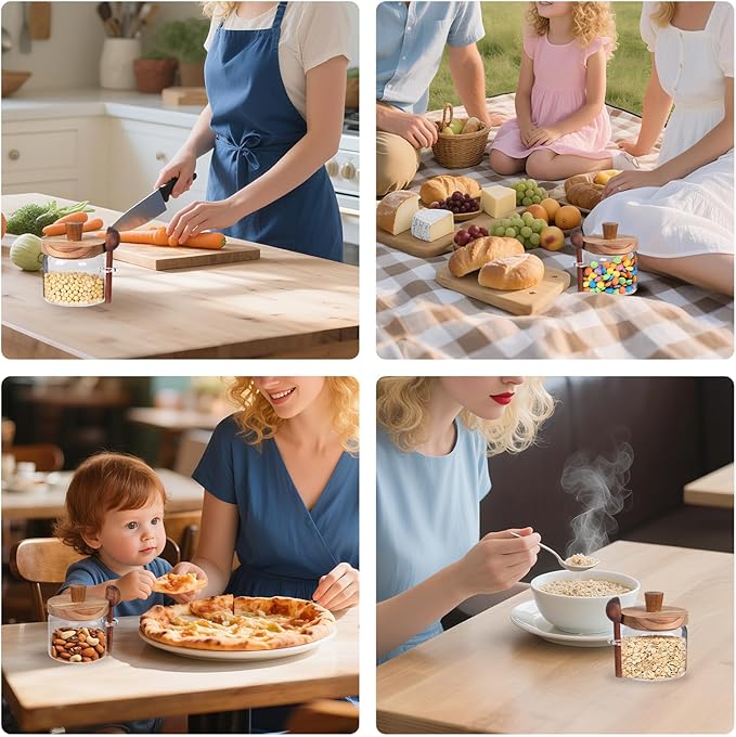 Glass Coffee Bean Storage Container, Wood Lid with Spoon, Airtight Silicone Seal, BPA-Free (400ML/13.53OZ)
