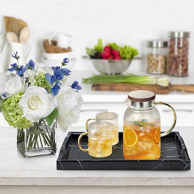 MDLUU Plastic Serving Tray, Ottoman Tray with Cutout Handles, Rectangle Butler Tray for Breakfast in Bed, Coffee Table Decor, Party (Marble)