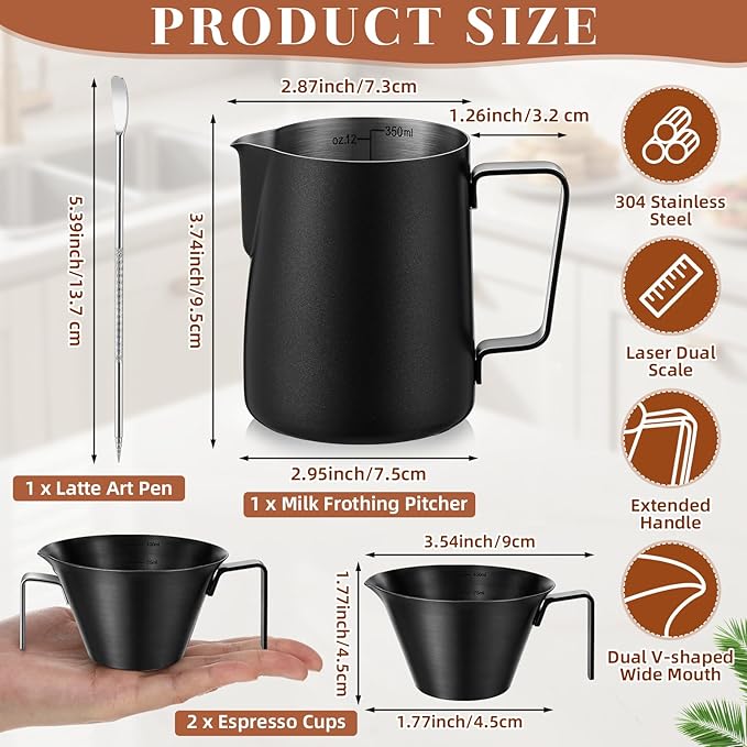 4 Pcs Espresso Accessories Kit with Espresso Cups with Handle, Milk Frothing Pitcher and Latte Art Pen Stainless Steel Cappuccino Machine Accessories for Coffee Bar(Black,100ml, 350ml)
