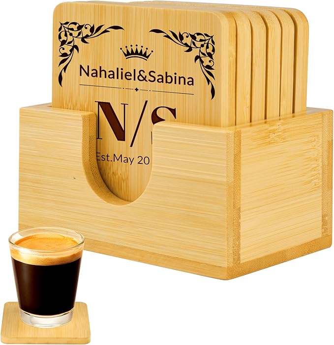Custom Coasters, Bamboo Coasters Set of 6, 3.7in Laser Engraved Personalized Coaster with Holder, Custom Coffee Bar Accessories Cup Coaster for Home Decor Housewarming Customized Gifts (Square)