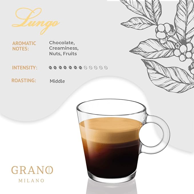 Grano Milano Lungo - 50 Espresso Pods Compatible with Nespresso Original line, 100% Arabica Medium Roast - Intensity 7/12, Coffee Capsules Made in Italy Espresso Coffee