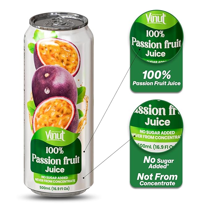 VINUT 100% Passion Fruit Juice, No Added Sugar, Not From Concentrate, 16.9 fl oz (500 mL) Can, Pack of 6