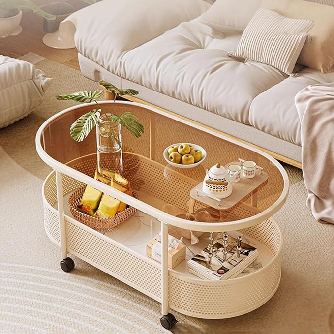 Side Table Glass Top Movable End Table Coffee Station Table, Metal Coffee Bar Stand Cart with Storage Coffee Table on Wheels,for Home Kitchen, Entryway, Living Room,Dining Room(White,60cm)