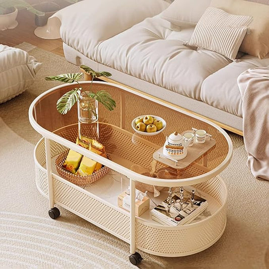 Side Table Glass Top Movable End Table Coffee Station Table, Metal Coffee Bar Stand Cart with Storage Coffee Table on Wheels,for Home Kitchen, Entryway, Living Room,Dining Room(White,100cm)