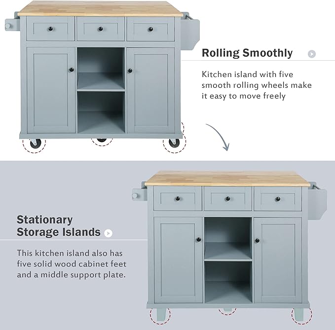 Rolling Kitchen Island with 2 Bar Stools, Drop Leaf, Cabinet Door Storage Racks & 3 Drawers, Mobile Kitchen Cart with Rubberwood Top & Locking Wheels for Dining Room & Kitchen, 53-Inch, Grey Blue