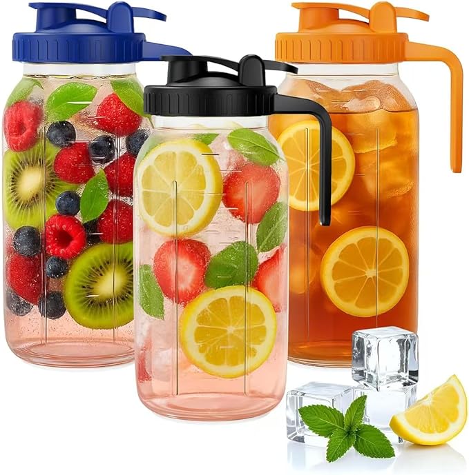64oz Mason Jar Pitcher - Airtight & Leakproof Glass Pitchers with Handle and Lid, Perfect for Breastmilk, Cold Brew and Sun Tea for Outside,2 Quart Mason Jar with Pour Spout Lid,1/2 Gallon Water Jug