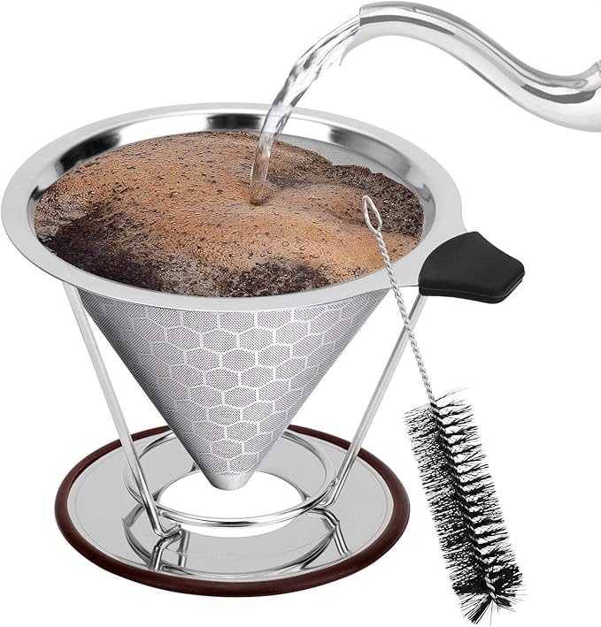 Pour Over Coffee Dripper, Reusable Stainless Pour Over Coffee Maker for (1-4 Cup), Easy to Clean Paperless Pour Over Coffee Maker, Fine Mesh Coffee Strainer with Stand and Bonus Brush